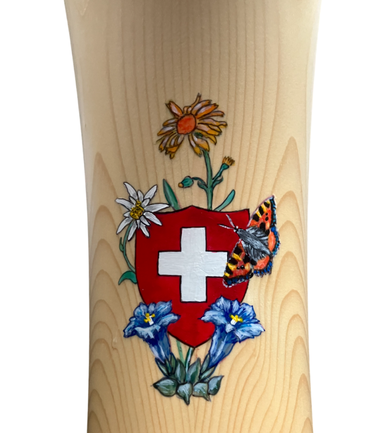 peinture sur cor des alpes écusson suisse fleurs et papillon